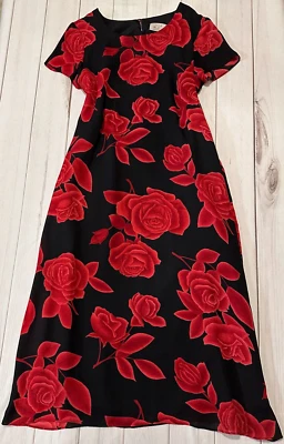 Vestido Vintage Colección Kathie Lee Rojo Negro Rosa Floral Manga Corta Talla 12 Foto 1 de 4
