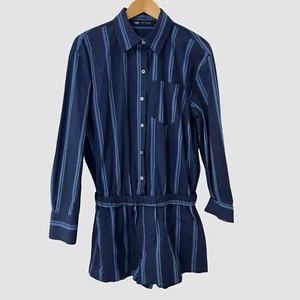 Zara Blue Stripe Long Sleeve Button Up Collared Cotton Romper L NWOT - Picture 1 of 6