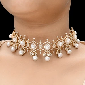 88.05 Tcw Lab Grown CVD Diamond Pearl Choker Wedding Necklace 18k Yellow Gold - Picture 1 of 8