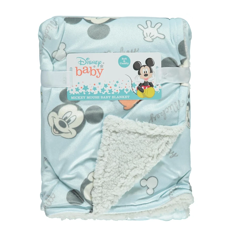 Disney Baby Mickey Mouse Blue Baby Blanket White Sherpa Security Lovey Plush