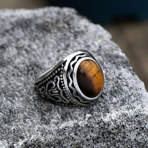 Tiger Eyes Stone Ring for Men Stainless Steel Gemstone Vintage Jewelry Men Women
