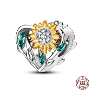 S925 Sterling Silver Gold Sunflower leaf Heart charm bead universal size - Picture 1 of 2