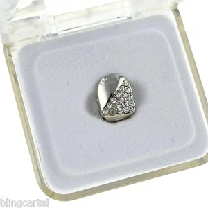 Grillz Tooth Silver Tone Half Stone Iced Simulated CZ Single Cap Teeth - Picture 1 of 2