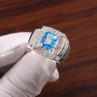 Natural Blue Topaz Gemstone with 925 Sterling Silver Ring for Men's #324 - Image 1 of 3