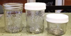 LOT~3 BALL CLEAR MASON JELLY JARS CLEAR~1 PINT QUILTED~1/4 PINT~1 PINT FRUIT - Picture 1 of 11