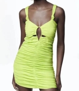 ZARA Women’s Lime Green Cutout Draped Ruched Mini Dress XS - Picture 1 of 9