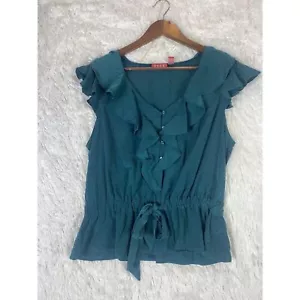 Elle Women’s Size L Top Blouse Teal Flowy Printed Ruffle elegant - Picture 1 of 9
