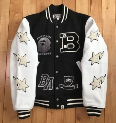2015 Fall Winter Bape Sta Leather Sleeve A Bathing Ape School Varsity Jacket XL - Image 1 of 4