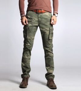 Bravepe Mens Multi Pockets Camouflage Print Casual Straight Leg Cargo Pants 