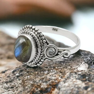 Sterling Silver Labradorite Gemstone Anniversary Cocktail Ring Jewelry Size 6 - Picture 1 of 8