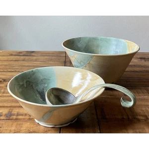 Portugal Pottery Handmade Stoneware 2 Large Serving Bowls & Spoon Mint! - Picture 1 of 24