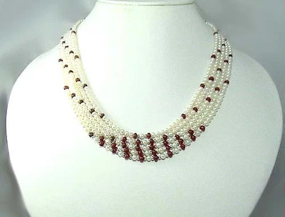 240ct Natural Ruby Plain Roundles Bead necklace 5 strand with fresh water pearls - Image 1 of 4