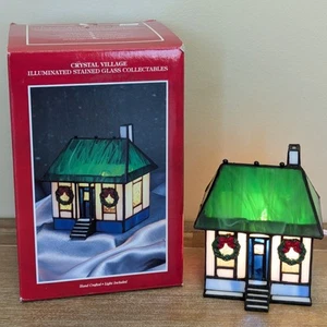 Vintage 1994 Crystal Village Lighted Stained Glass White House Green Roof w/Box - Picture 1 of 23