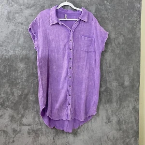 Zenana button up shirt dress Womens L/XL Purple Cotton Gauze SS pocket - Picture 1 of 8