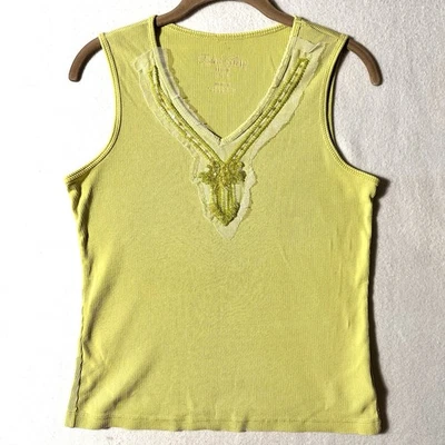 Vintage Y2K Medium M Ribbed Tank Top Lace Sequin Beads Chartreuse Faded Glory - Image 1 of 4