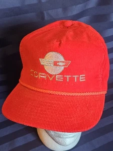 Vintage Corvette Red Corduroy Zip back Rope Hat Cap Chevy Logo Chevrolet - Picture 1 of 11