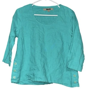 Flax Top Womens 100% Linen Pullover Scoop Neck Sz P Blue 3/4 Sleeve Lagenlook - Picture 1 of 7