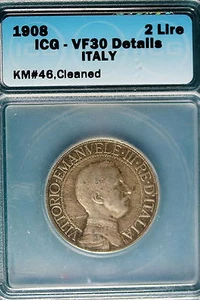 1908 ICG VF30 Details Italy 2 Lire KM#46, Cleaned 2 Lire!! #B6450 - Picture 1 of 2