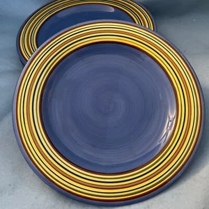 Set/4 Laurie Gates ~Somerset Collection~ Blue 11” Round Plate, Striped Band EUC - Picture 1 of 17