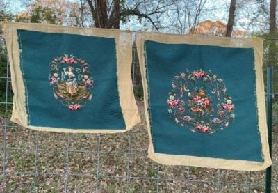 Vintage Bucilla Set of 2 Figural Needlepoint Chair Seat & Back Covers Victorian - Image 1 of 4