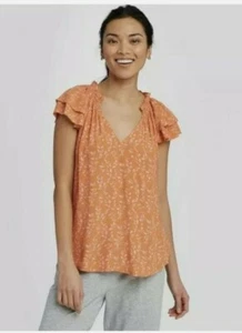 Women's Floral Print Flutter Short Sleeve V-Neck Blouse A New Day Orange Size S - Picture 1 of 3