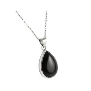 Sterling Silver 925 Black Onyx Teardrop Pendant Necklace 18 in Chain - 15x20mm - Picture 1 of 10