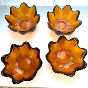 Vintage Amber Glass Lotus Flower Bowl Scalloped Edge 5.25" Set of 4 - Picture 1 of 14