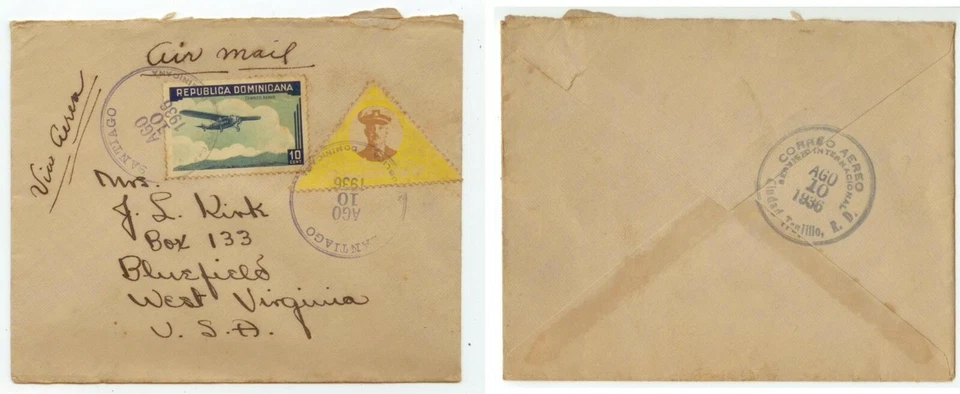 1936 República Dominicana Correo Aéreo Cubierta a Bluefield West Virginia Foto 1 de 1