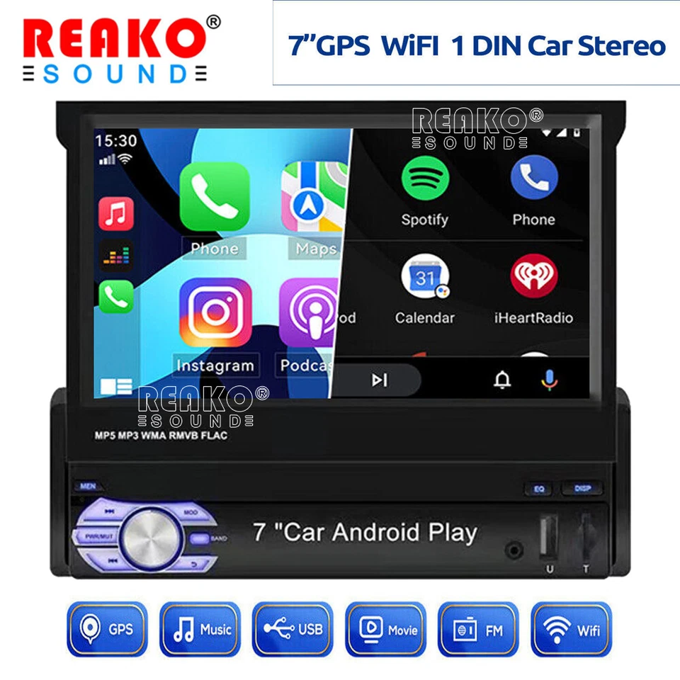 Single 1 Din Car Stereo Radio 7" Flip Out Touch Screen BT GPS Navi WIFI Carplay - Image 1 of 4