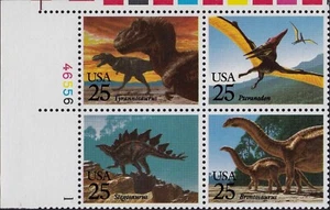 US Dinosaurs Prehistoric Animals 25c Stamp Plate Block of 4 Scott #2422-2425 - Picture 1 of 1
