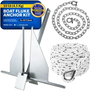 10 Lb Fluke Boat Anchor Kit with Chain & Rope, Heavy-Duty for Pontoon, Boats - Picture 1 of 8