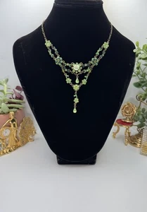 Romantic Victorian Revival Necklace Colorful Y-Drop Floral and Crystals Brass - Picture 1 of 7
