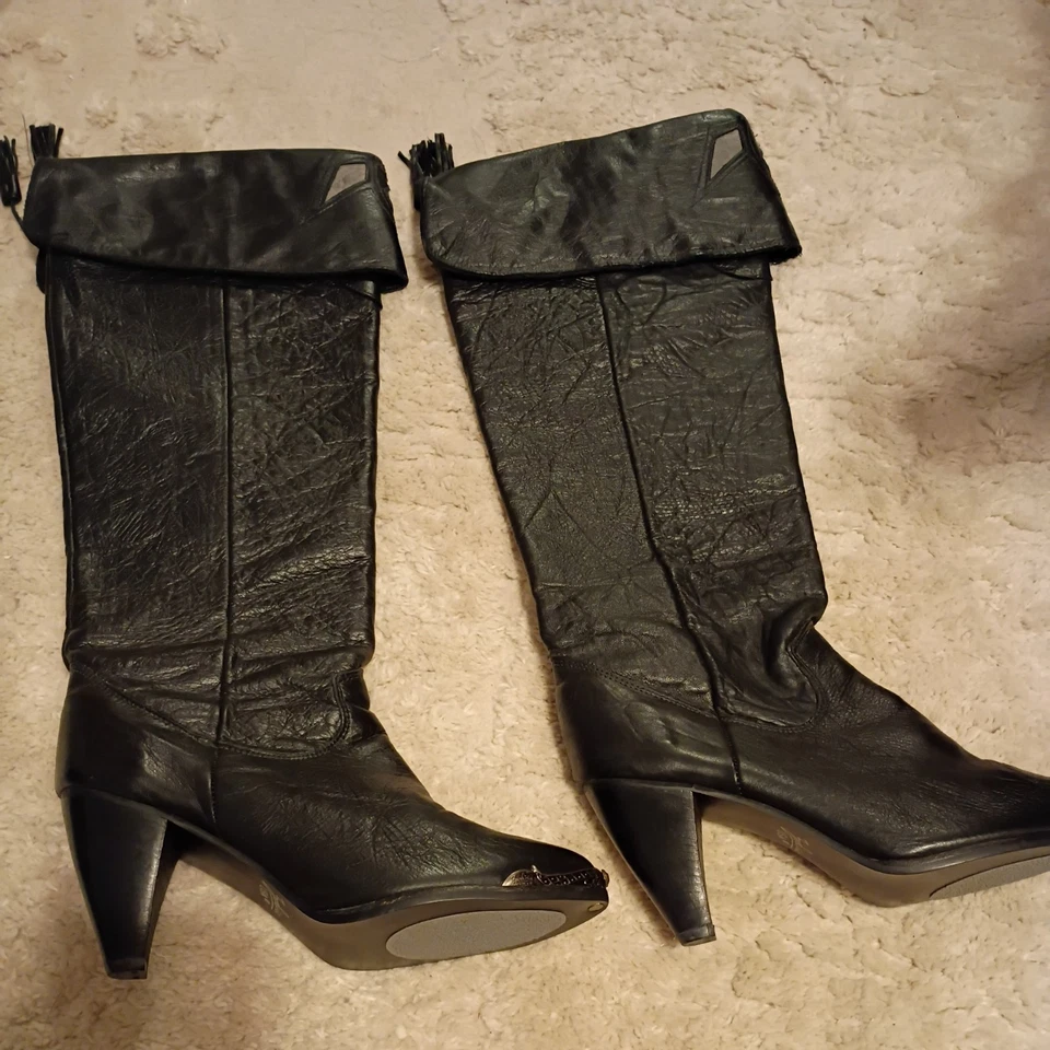 Botas hasta la rodilla convertibles de cuero negro Zodiac VINTAGE para mujer años 70 talla 8  Foto 1 de 4