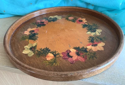 Vintage Wood Serving Tray Hand Painted Flowers Floral Round shallow  Platter - Image 1 of 4