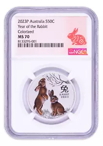 2023 Australia Lunar Year of the Rabbit Colorized 1/2 oz Silver NGC MS70 - Picture 1 of 2