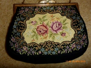 Vintage Handmade Evening Bag - Tapestry Petite Point Needlepoint Antique Roses - Picture 1 of 12