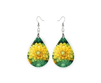 Yellow and Green Dahlia Print Wood Dangle Teardrop Print Earrings Jewelry - Image 1 of 4
