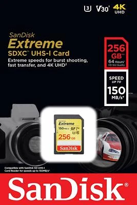 SanDisk 256GB Extreme SD SDXC Card 150MB/s Class 10 UHS-1 U3 4K Memory SDSDXV5 - Image 1 of 2