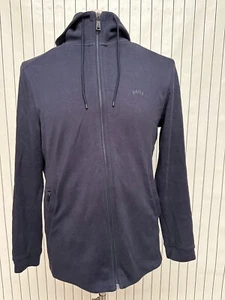 Boss Hoodie Mens Navy Saggy Curved Logo Long Sleeve Drawstring Full Zip Size M - Picture 1 of 7