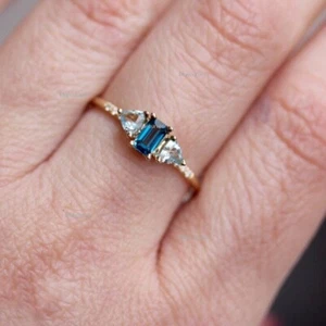 Trillion Swiss Blue Topaz, Baguette Blue Topaz & Diamond Ring 14k Yellow Gold - Picture 1 of 3