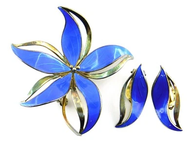 Juego de flores de lirio vintage Hroar Prydz 925S Noruega guilloche de ley esmalte azul Foto 1 de 4