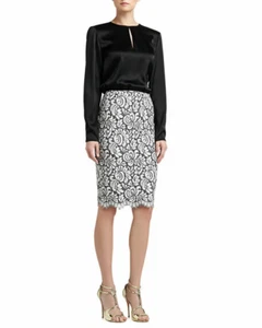 NEW ST.JOHN Pencil Skirt Graphic Lace Floral Black White 12 Large Scalloped RARE - Picture 1 of 12