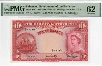 BAHAMAS 10 Shilling P14b 1953 PMG 62 Uncirculated - Image 1 of 2