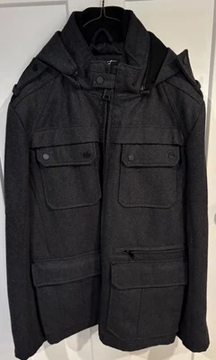Gray Rivet Mens Wool Coat with Quilted Lining & Removable Hood Large RN 64926 - Image 1 of 4