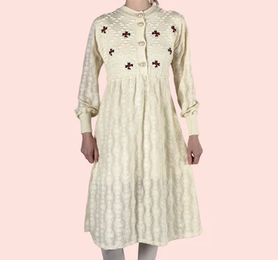 Vintage Handmade Cream Popcorn Knit Button-Up Long Sleeve Holiday Midi Dress S - Image 1 of 4
