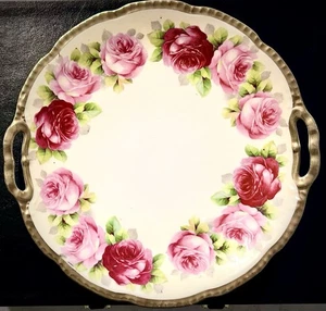 BELLISSIMO! Piatto da torta 10" smerlato BEYER & BOCK rose rosa bordo oro! Prussia! - Foto 1 di 7