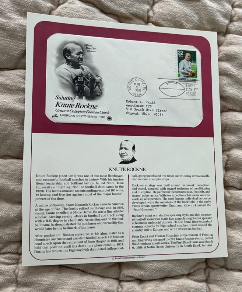 1988 Saluting Knute Rockne Greatest Collegiate Football Coach FDC 3/8/88 NM - Image 1 of 1