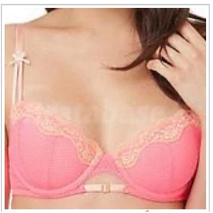 Betsey Johnson Pink & Orange Demi Bra 32D Crochet Floral Lace Retro (J3951) - Picture 1 of 8