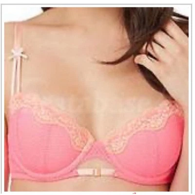 Betsey Johnson Pink & Orange Demi Bra 32D Crochet Floral Lace Retro (J3951) - Image 1 of 4