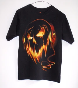Jack-o-Lantern Black T-shirt L/G (10-12) Kid Halloween Pumpkin Headphones Scary - Picture 1 of 9
